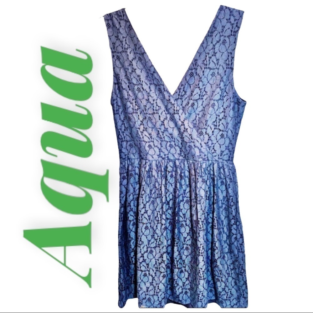 Nwt Aqua Blue Lace Double V-Neck Mini Dress, Size Large